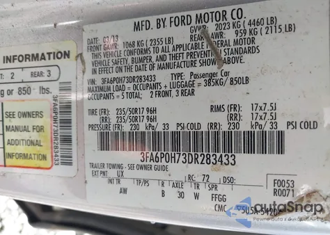 2013 Ford Fusion Se из США, поврежденный, VIN 3FA6P0H73DR283433